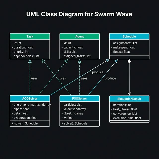 class diagram — task · agent · schedule · acosolver · psosolver · simulationresult